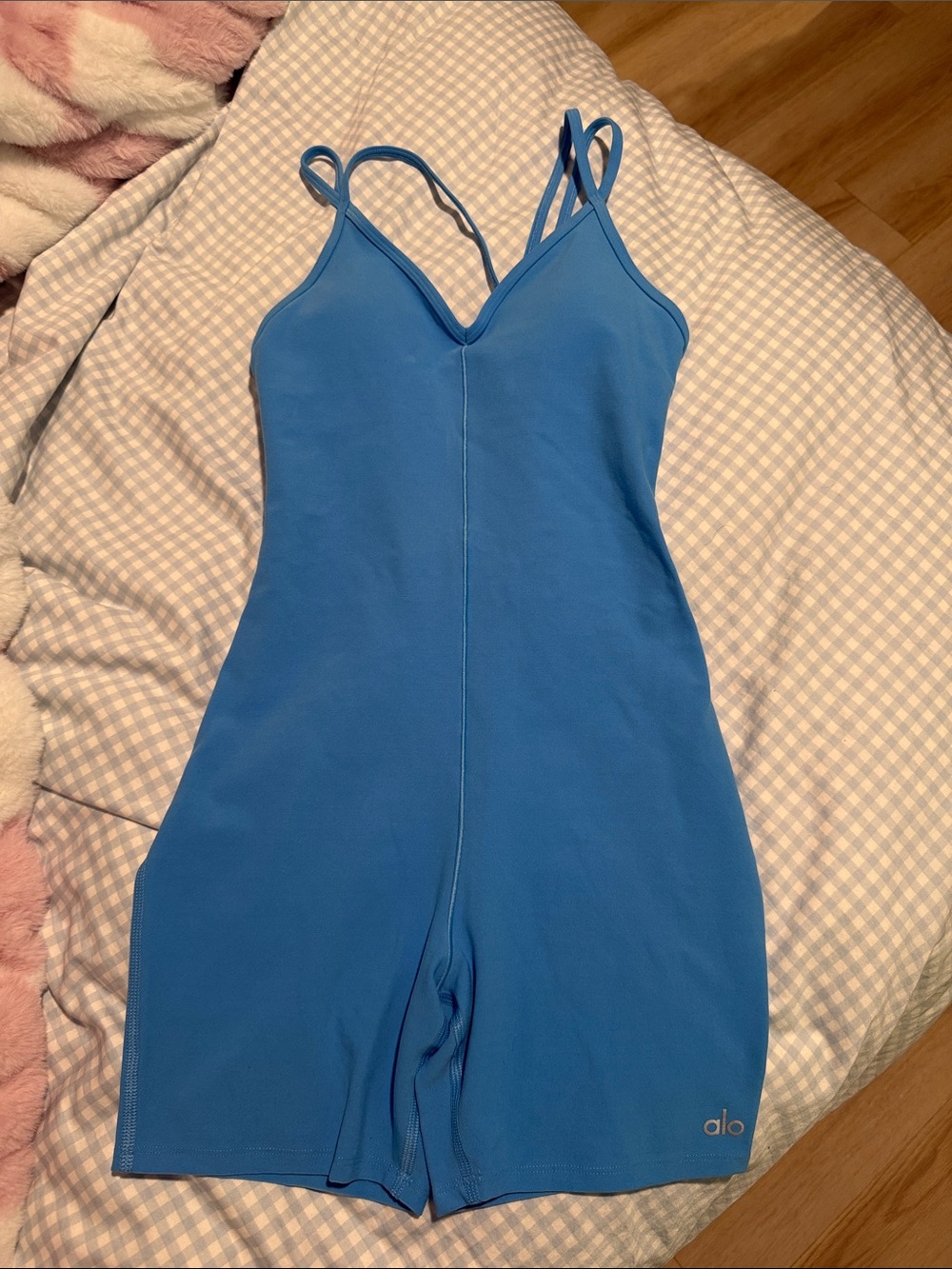 ALO Yoga Blue V-Neck Short Romper Bodysuit